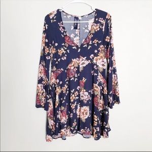 Blue Rain Long Sleeve V Neck Floral Mini Dress